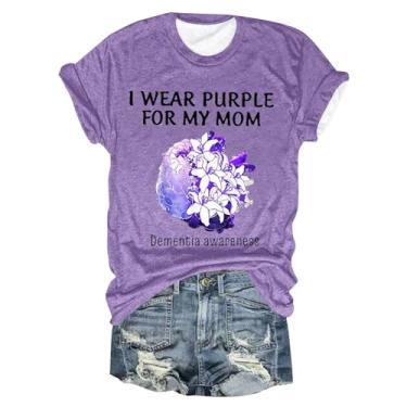 Imagem de Camiseta feminina de conscientização de Alzheimers para o verão, roxo, floral, estampada, solta, manga curta, gola redonda, blusa casual, Bege, XXG