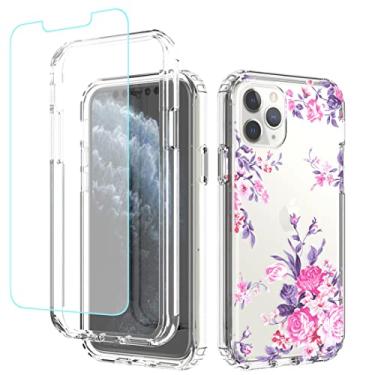Imagem de sidande Capa para iPhone 11 Pro com protetor de tela de vidro temperado, capa protetora fina de TPU floral transparente para Apple iPhone 11 Pro 5.8 (flor rosa)