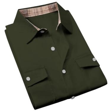 Imagem de Cromoncent Camisa social masculina de manga curta com botões e gola xadrez, Verde escuro, M