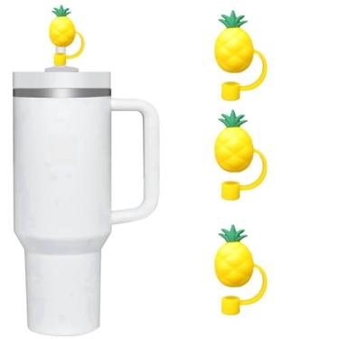 Imagem de 3 peças de cobertura de canudo de abacaxi amarelo para copo Stanley, tampa de cobertura de palha de silicone de 8 mm para acessórios de copo Stanley, topo de palha fofo, tampa de palha para tampas de