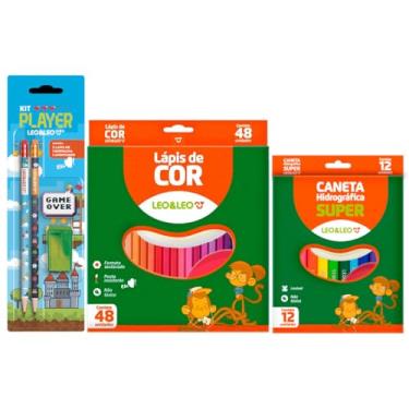 Imagem de Material Escolar Lápis de Cor 48 Cores + Canetinha 12 Cores + Kit Temático com Lápis Grafite Apontador e Borracha (Gamer)