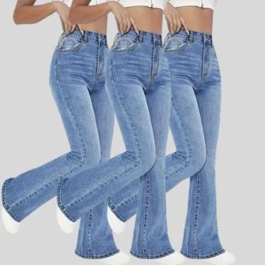 Imagem de KIT 3 Calças Flare Jeans Feminina Boca de Sino Cintura Alta Modeladora Confort-Feminino
