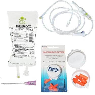 Imagem de 10 Ringer Lactato 500ml Kit fluidoterapia agulha equipo e protetor de ouvidos