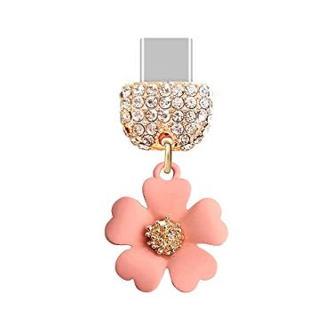 Imagem de ELISE & FONDA TP88 Tipo-C porta de carregamento cristal antipoeira pingente de telefone celular flor pequena para Samsung/OnePlus/Xiaomi/oppo telefone Android iPhone 15/16 (rosa), approx. 1.9 cm (H) x
