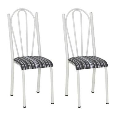 Imagem de Kit 2 Cadeiras de Cozinha Alasca Estampado Listrado Pés de Ferro Branc