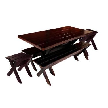 Imagem de Conjunto Mesa Rústica 1,6m e 2 Bancos e 2 Banquetas Sem Encosto Madeir