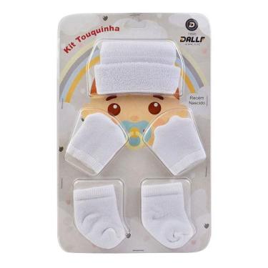 Imagem de Kit Touquinha Bebê, Luvinha E Meia Rn Bebê Recém - Dallf Meias, Branco