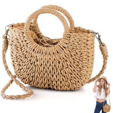 Imagem de Noamus Bolsa feminina de palha, mini bolsa de verão de vime, bolsa clutch semicircular, bolsa feita à mão, pequena bolsa transversal de crochê com alça superior para viagens de férias