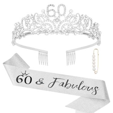 Imagem de Semato Decorações de aniversário de 60 anos – Tiara prateada de 60 anos e kit de glitter de faixa de 60 anos para mulheres, presentes de 60 anos para mulheres, artigos e lembrancinhas de festa de 60