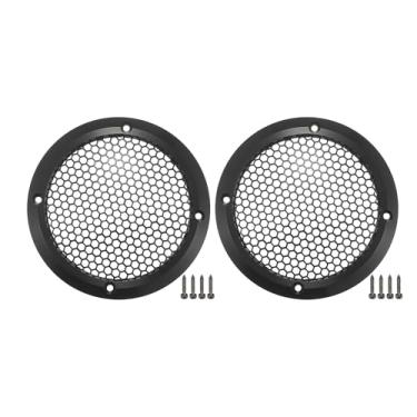 Imagem de ACROPIX Capa universal de grade de alto-falante de carro de 8,89 cm redonda 3,5 polegadas caixa protetora de alto-falante de áudio subwoofer com parafusos de montagem ferro liga de alumínio preto -