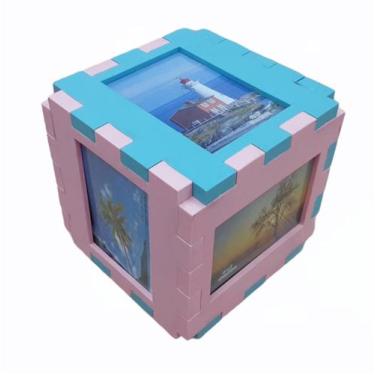 Imagem de Porta Retratos Cubo 6 Fotos Quadro Montar Quebra Cabeça - azul e rosa 