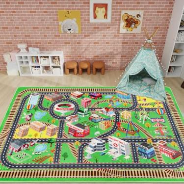Imagem de Mfmiudole Tapete infantil para carros de brinquedo, vida urbana, 3D, tráfego rodoviário, 100 cm x 159 cm, para sala de jogos, carro, carro, mapa da cidade, tapete de brinquedo, antiderrapante,