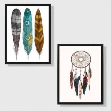 Imagem de Kit 2 Quadros Penas e Filtro dos Sonhos 45x34cm - com vidro - Quadros 