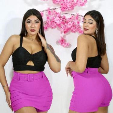 Imagem de Saia shorts feminina em malha pop com cinto - STILLOS MODAS, Pink, G