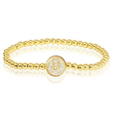 Imagem de by you Pulseiras femininas com inicial de 26 letras, berloque redondo, aço inoxidável, ouro, prata, contas, Small, Strass, Strass