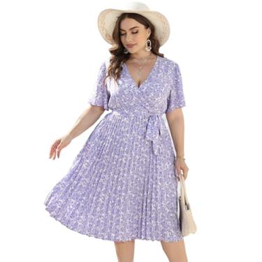 Imagem de KOJOOIN Vestido feminino plus size, gola V, bainha plissada, manga curta, elegante, evasê, midi com cinto, Flor roxa Ss, XXG