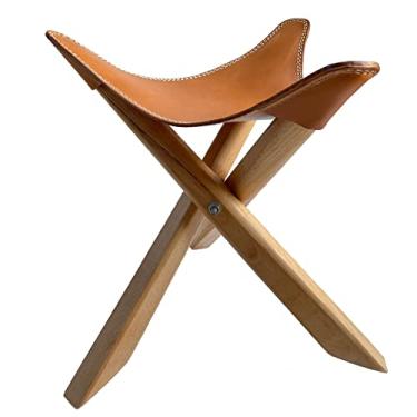 Imagem de KIDENEI Banco de couro, banqueta dobrável portátil de três pernas de madeira de faia para artista, assento italiano de couro curtido vegetal, banco de couro genuíno para casa e pesca ao ar livre