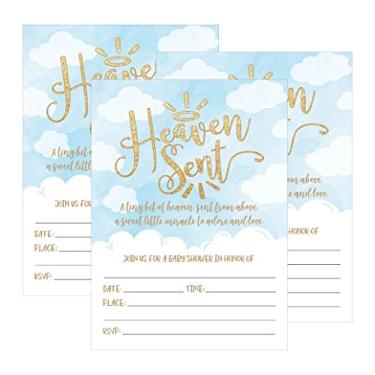 Imagem de 25 convites de chá de bebê Blue Gold Boy Heaven Sent Clouds, fofos anjos celestiais estampados preencha ou escreva nos convites em branco, Shabby Chic exclusivo personalizada com tema de cartão de festa suprimentos de papel
