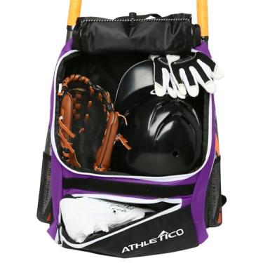 Imagem de Athletico Bolsa para taco de beisebol – Mochila para beisebol, bola em T e equipamentos de softbol para jovens e adultos | Comporta morcego, capacete, luva e sapatos | Compartimento do sapato e gancho de cerca (roxo)