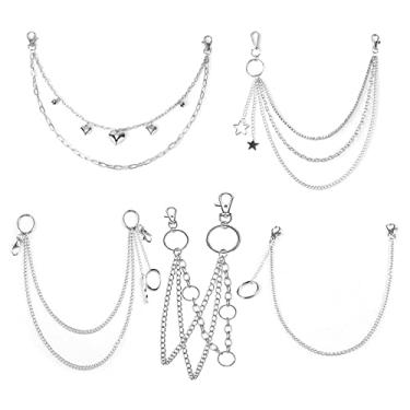 Imagem de VEINTI+1 Corrente de prata para jeans, corrente gótica grunge com estrela e lua, decoração de cadeado de cobra para meninas/mulheres/homens (corrente de coração e estrela), Heart Star, Liga, Sem Pedra Preciosa