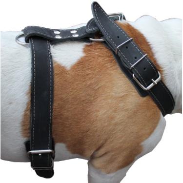 Imagem de Peitoral preto de couro genuíno para cães, peito de 89 a 101 cm, alças largas de 3,8 cm