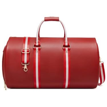 Imagem de Bolsas de couro para viagem, bolsa esportiva conversível para homens, bolsa de viagem dobrável 2 em 1, impermeável, com alça de ombro, bolsa de fim de semana com bolsa de sapato, Couro vermelho,