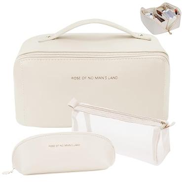 Imagem de Bolsa de maquiagem de viagem de 3 peças bolsa de cosméticos portátil de grande capacidade para mulheres bolsa organizadora de estojo de maquiagem plano aberto conjunto de 3 sacos de higiene pessoal de couro PU à prova d'água com divisor e alça, Branco, Sacos de Cosmé