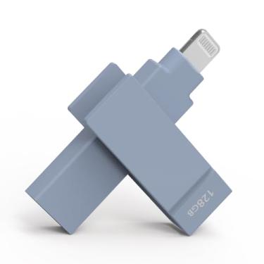 Imagem de PioData Apple MFi Certified Morandi Blue iXflash 128 GB Flash Drive de backup 2 em 1 USB para iPhone, iPad e computador, USB tipo A e Lightning, melhor bastão de fotos para transferência e