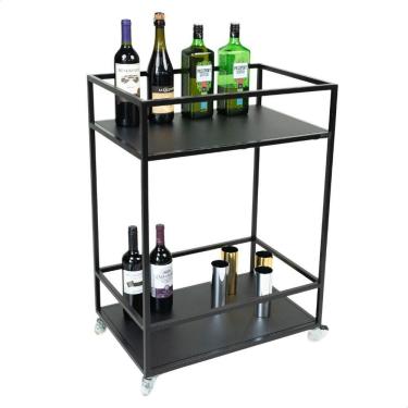 Imagem de Carrinho Para Bebidas Estilo Industrial Preto Com Prateleiras Em Mdf Preto