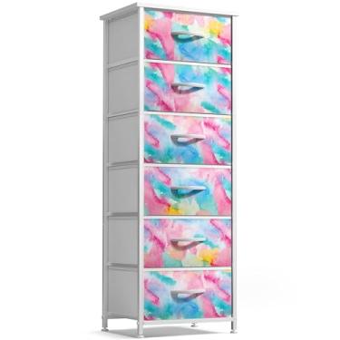 Imagem de Sorbus Cômoda infantil com 6 gavetas – organizador de caixa de cabeceira – estrutura de aço, tampo de madeira, caixas de tecido tie-dye para roupas – móveis largos para quarto, corredor, berçário