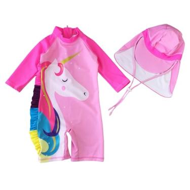 Imagem de Butvashine Maiô infantil infantil com proteção solar FPS 50+, Rash Guard com boné, Rosa, 6-7 Years