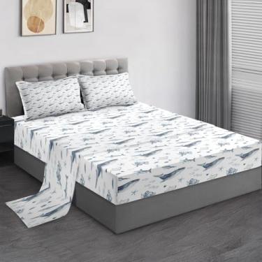 Imagem de Pamnest Jogo de lençol Queen de microfibra macia de baleia, água-viva, 4 peças, para decoração de quarto de crianças e adultos, lençol com elástico e 2 fronhas