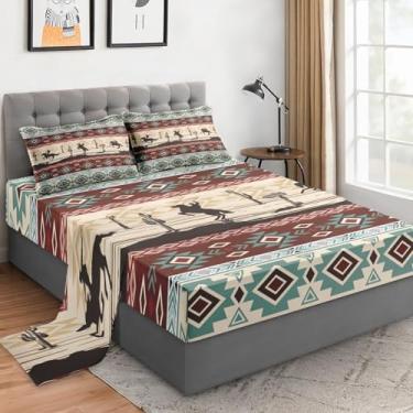 Imagem de WeCozy Jogo de lençol casal com fronhas, cavalos caubói tribal, 4 peças, roupa de cama de microfibra macia para crianças e adultos, lençol com elástico para decoração de cama de quarto