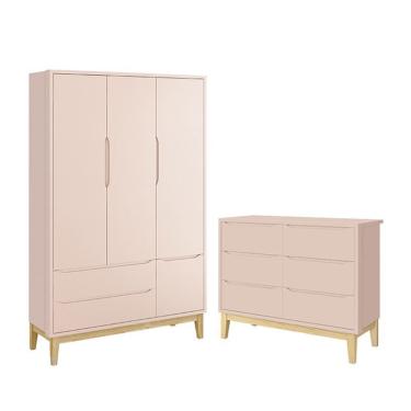 Imagem de Jogo de Quarto Infantil Classic Guarda Roupa 3 Portas e Cômoda 6 Gavetas com Pés Madeira Natural - Reller Móveis Rosa Fosco