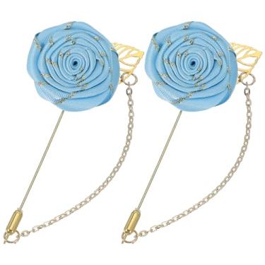 Imagem de uxcell 2 peças de broche de lapela rosa para ternos masculinos, broche de flores de pano feito à mão com folha de ouro/corrente para acessórios de terno, casamento de noivo, azul claro, 9.5 cm, Metal