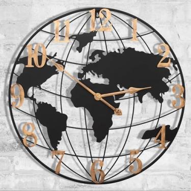 Imagem de SUKYING Relógio grande ao ar livre, relógio de parede grande de metal de 61 cm, silencioso operado por bateria, relógio decorativo retrô com mapa-múndi para fazenda, cozinha, sala de estar, área de