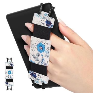Imagem de MoKo Alça de mão macia para eReaders de 6 a 8 polegadas Fire Tablet Kindle/Kobo/Voyaga/Lenovo/Sony Kindle E-Book, alça de mão versátil de alta elasticidade, suporte de dedo leve, branco azul floral