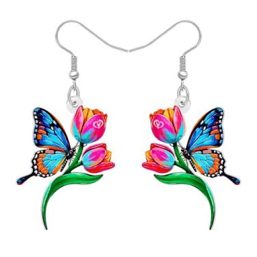 Imagem de DALANE Brincos pendentes de flor colorida de acrílico com borboleta, inseto, primavera, verão, gota, acessórios, presentes de borboleta, presentes para mulheres, berloques, Medium, Acrílico, Sem pedra