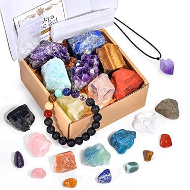 Imagem de AOOVOO Cristais e pedras de cura, conjunto de 25 peças de cristais de cura 7 pedras de chacra cruas, 7 pedras preciosas coloridas, 7mini pedras de chacra curadas + colar de cristal de ametista + frascos de pedra preciosa + pulseira de lava