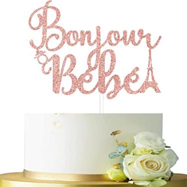 Imagem de Bonjour bébé Topo de bolo de chá de bebê, topo de bolo Oh Baby, decoração de bolo de revelação de gênero Hello Baby, decoração de festa de chá de bebê com tema de Paris francês, ouro rosa