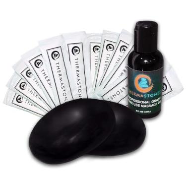 Imagem de LAVA GEL Thermastones Kit de massagem com pedras quentes autoaquecidas, pacote com 2 – 2 pedras de cerâmica, 12 pacotes de calor ativados por água e óleo de massagem sem perfume de 59 ml – Terapia de