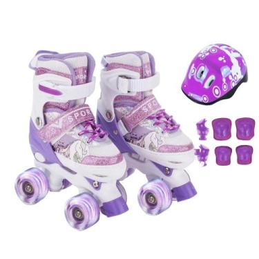 Imagem de Patins Infantil 4 Rodas Rosa Unicórnio Com Led + Proteção Ajustável  -
