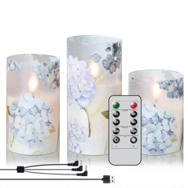 Imagem de DRomance Velas recarregáveis de vidro hortênsia sem chamas com temporizador remoto operado por bateria LED cintilante pilar velas de cera real primavera jantar Natal decoração D3 x H4, 12,7 cm, 15,2