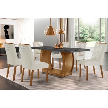 Imagem de Conjunto: Mesa de Cozinha Jade c/ Tampo Madeirado c/ Vidro Canto Curvo 180x90cm e 6 cadeiras Amsterdã Imbuia/Grafite - Suede Creme - Rufato