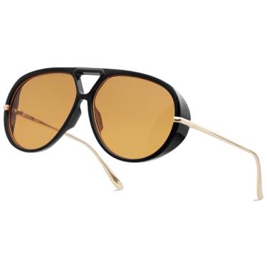 Imagem de Óculos de sol aviador retrô modernos com protetores laterais para mulheres e homens, óculos de sol grandes redondos grandes vintage, Armação preta, lentes de chá claras, tamanho �nico