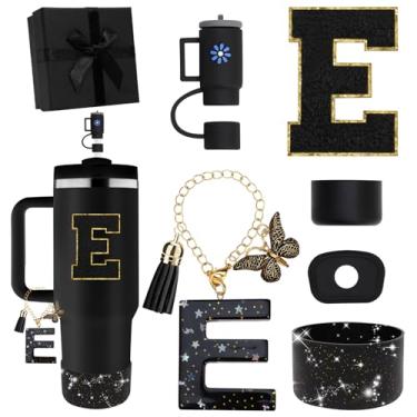 Imagem de Miglaja Acessórios pretos para copos Stanley 850.5 g 1,134.0 g, todos os acessórios caixa de presente contêm topo de palha de flor, bota de silicone, adesivos de letras e pingentes, conjunto de tampa