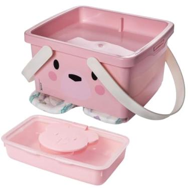 Imagem de Conjunto Infantil Porta Fraldas Descartáveis com abertura tipo fenda, Tampa com travas e Alças de Transporte + Porta Lenço Umedecido de Plástico com Fechamento Hermético de Borracha e Sistema de Abertura Facilitado - Ambos na cor Rosa com decoração Ursa