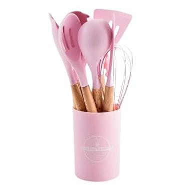Imagem de Kit Utensílios Cozinha Silicone 12 Peças Cabo de Madeira Conjunto Resistente ao Calor Colher de Silicone para Cozinha Design Premium Confeitar Antiaderente Concha Espátula (Rosa Claro)