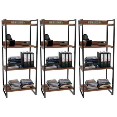 Imagem de Kit 3 Estantes Com 4 Prateleiras Escritório 146x60 Cm Nogal