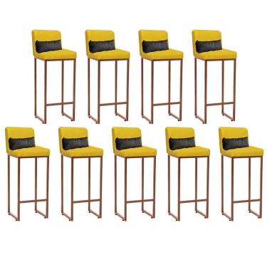Imagem de Kit 09 Banqueta Alta Com Encosto Ferro Bronze Corino Amarelo E Almofada Cinza - Amey Decor
